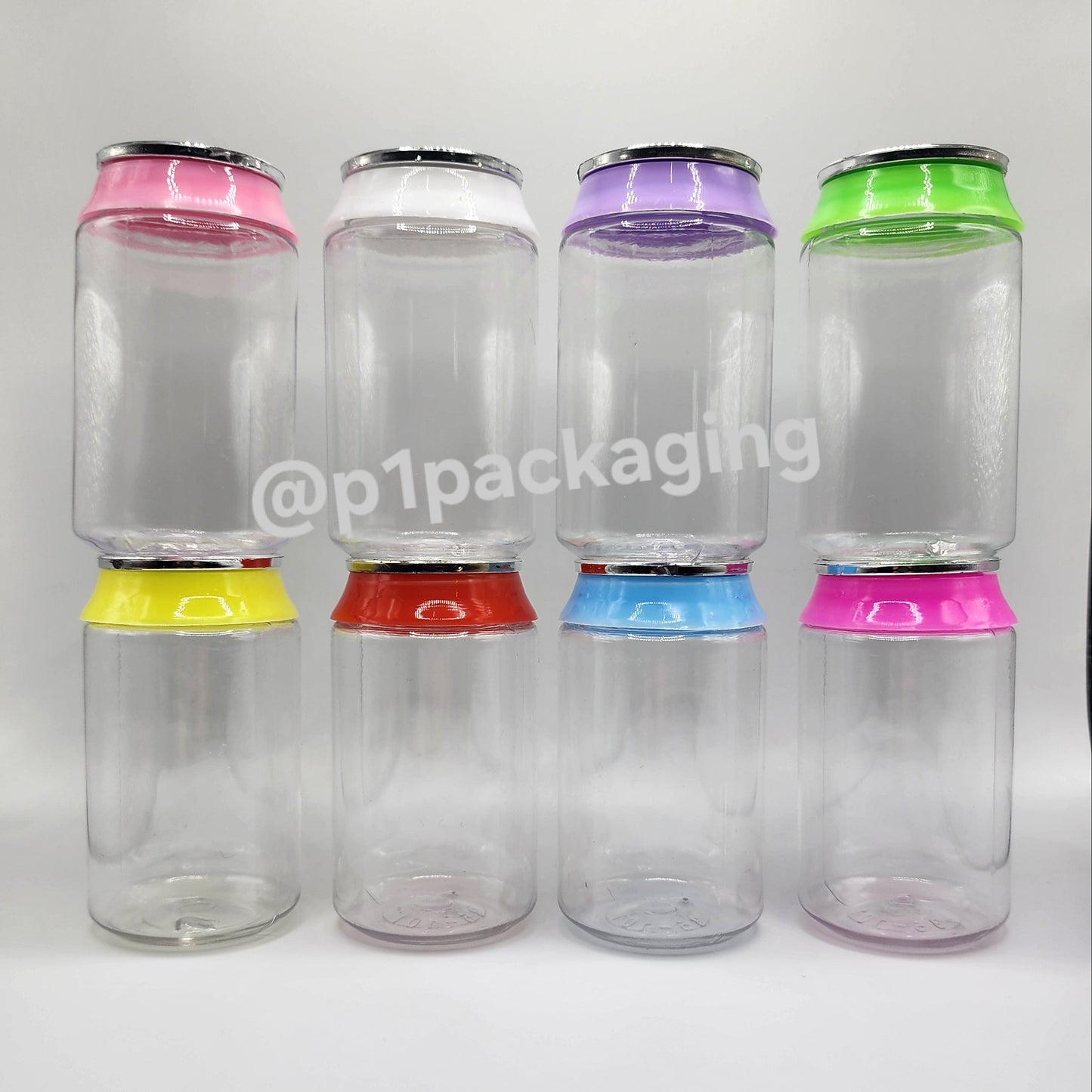 Eight transparent plastic soda cans with assorted color lids on a white background