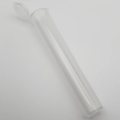 Clear 109 millimeter plastic tube on a white background