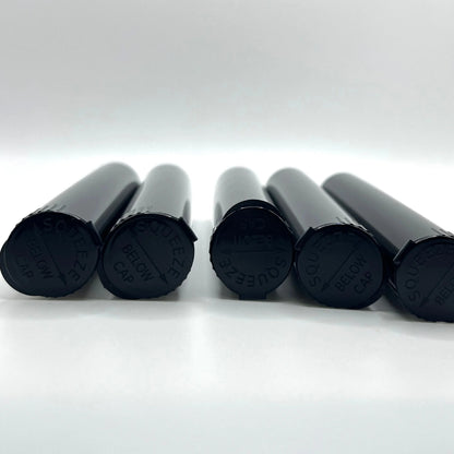 Six black tubes with text on a white background