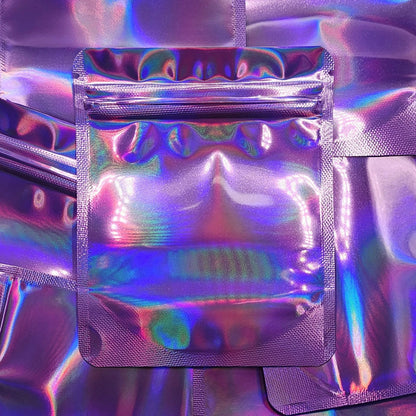 Lilac Lavender Holographic 4x5 mylar bags on top of mylar bags