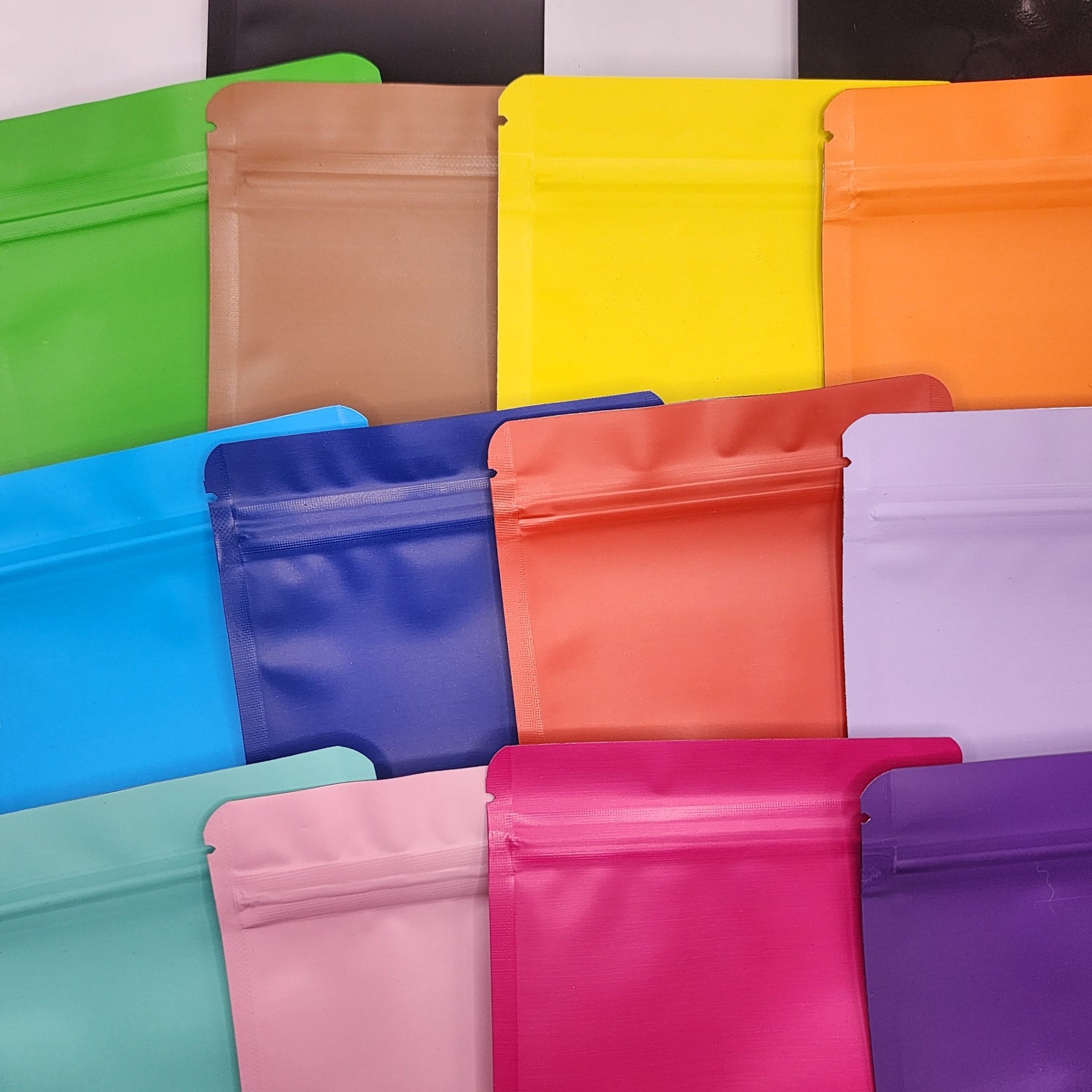 Mixed matte and gloss mylar bags of assorted colors
