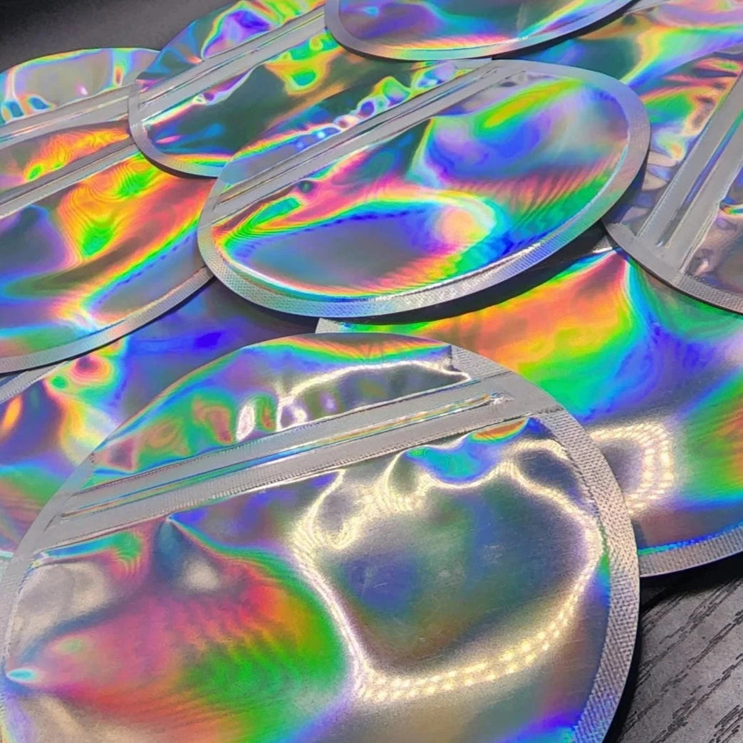 Silver holographic circle mylar bags
