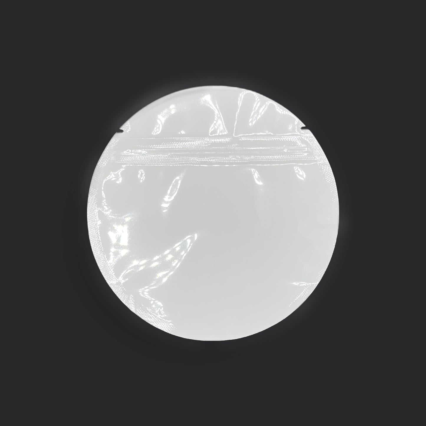 White circle mylar bag on a black background